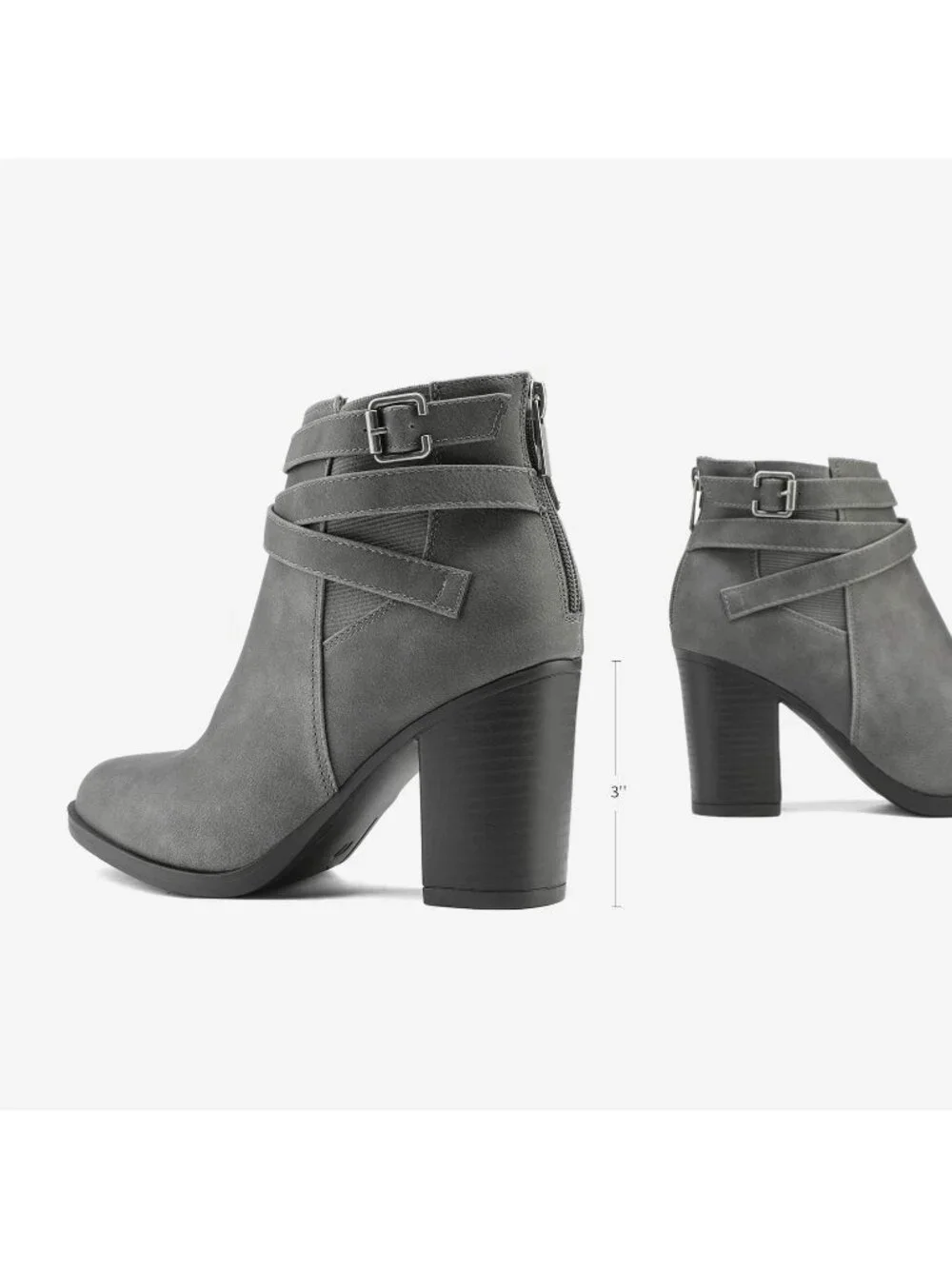Women's Grey Chunky Stacked High Heel Faux Suede Closed Toe Ankle Booties